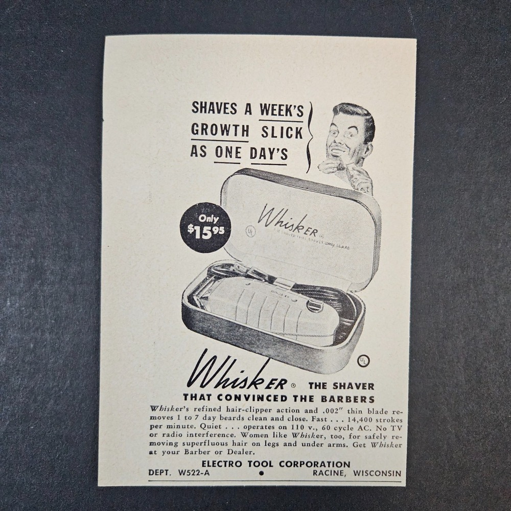 1952 Electro Tool Whisker Electric Shaver Razor Vintage Print Ad Racine WI Shop